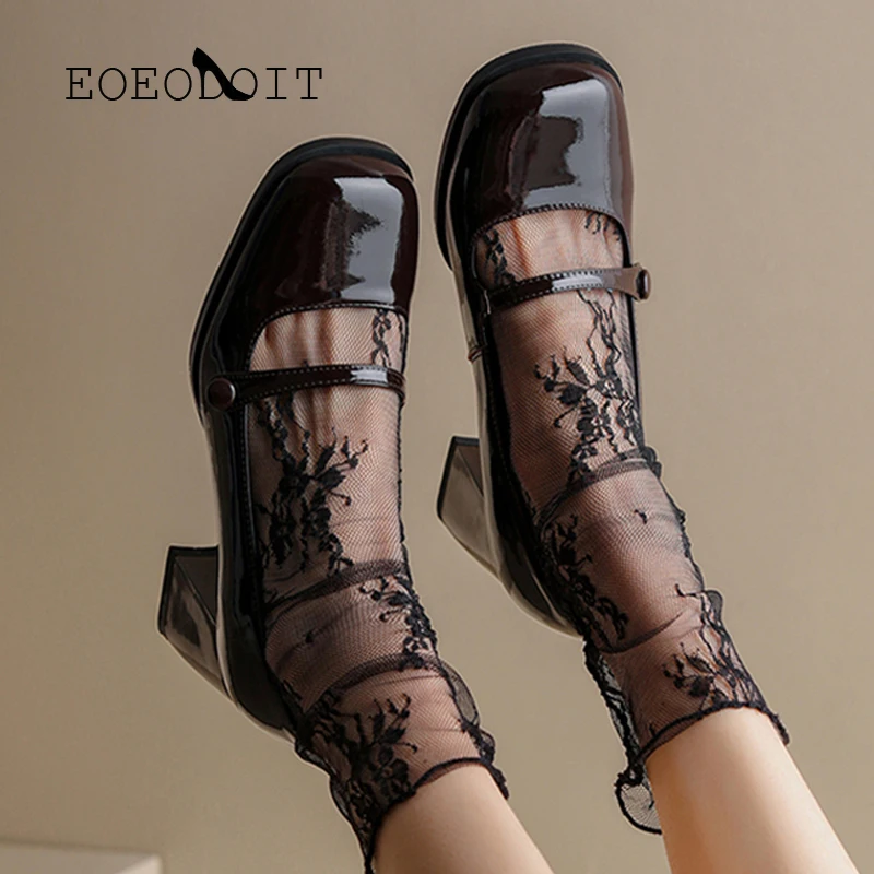 EOEODOIT New Leather Heels Shoes Women Fashion Retro Square Toe Slip On Loafers Office OL Party Pumps | Обувь