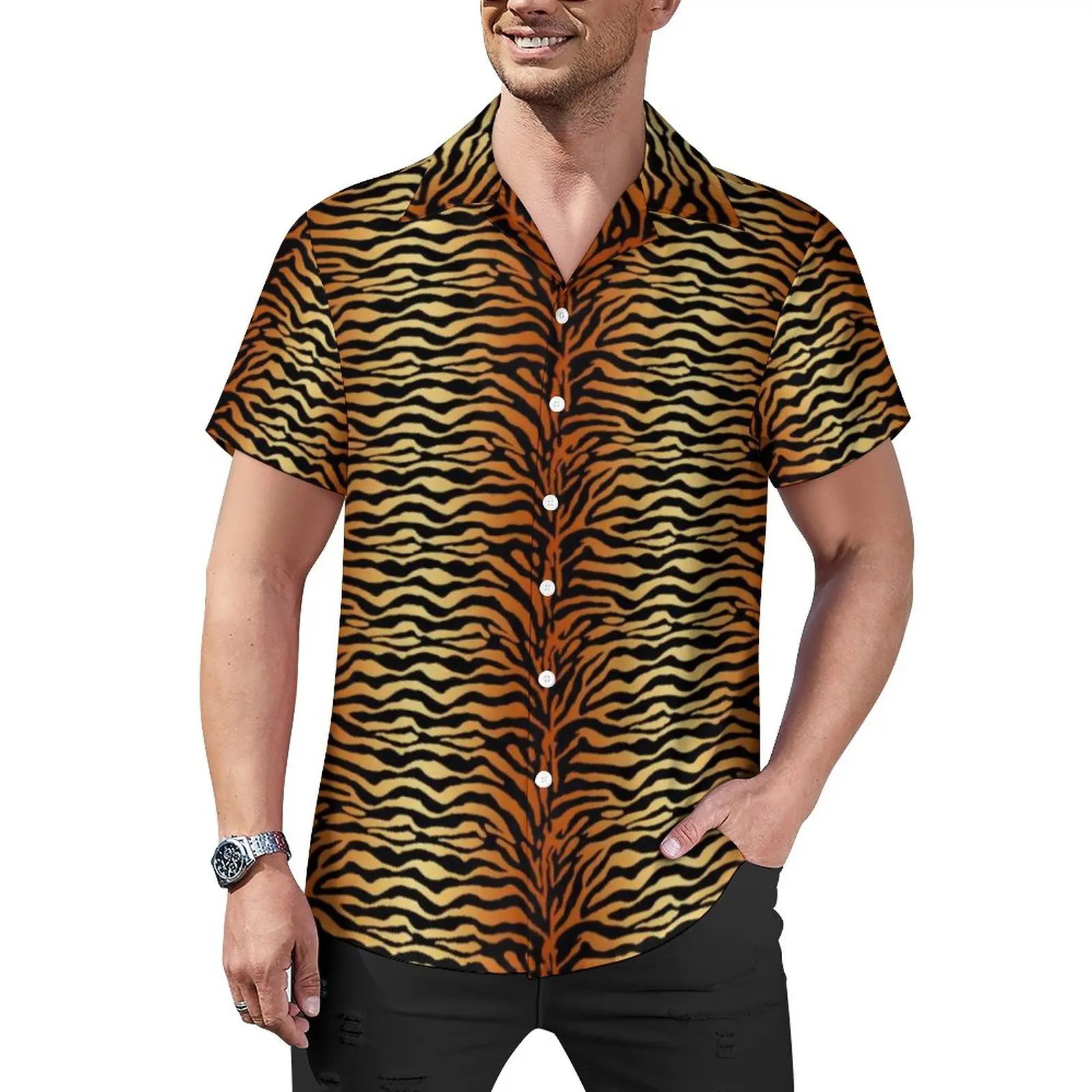 

Повседневные рубашки с принтом тигра, Пляжная рубашка в черную полоску с животными, Гавайские модные блузки, мужские Индивидуальные блузки