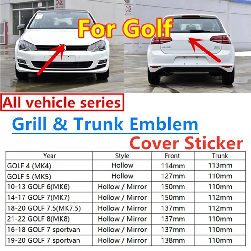 

2pcs Cover Emblem Sticker Car Front Grill Badge + Rear Trunk Emblem For Golf 4 5 6 7 sportvan 7.5 8 MK4 MK5 MK6 MK7 MK7.5 MK8