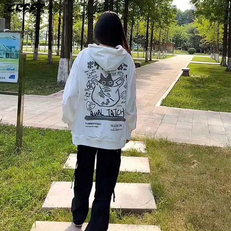 

White Cartoon Print Hooded Loose Hoodies Women Couple Long Sleeve Casual Thin Autumn Large 3XL Korean Fashion Pullovers 2022 New