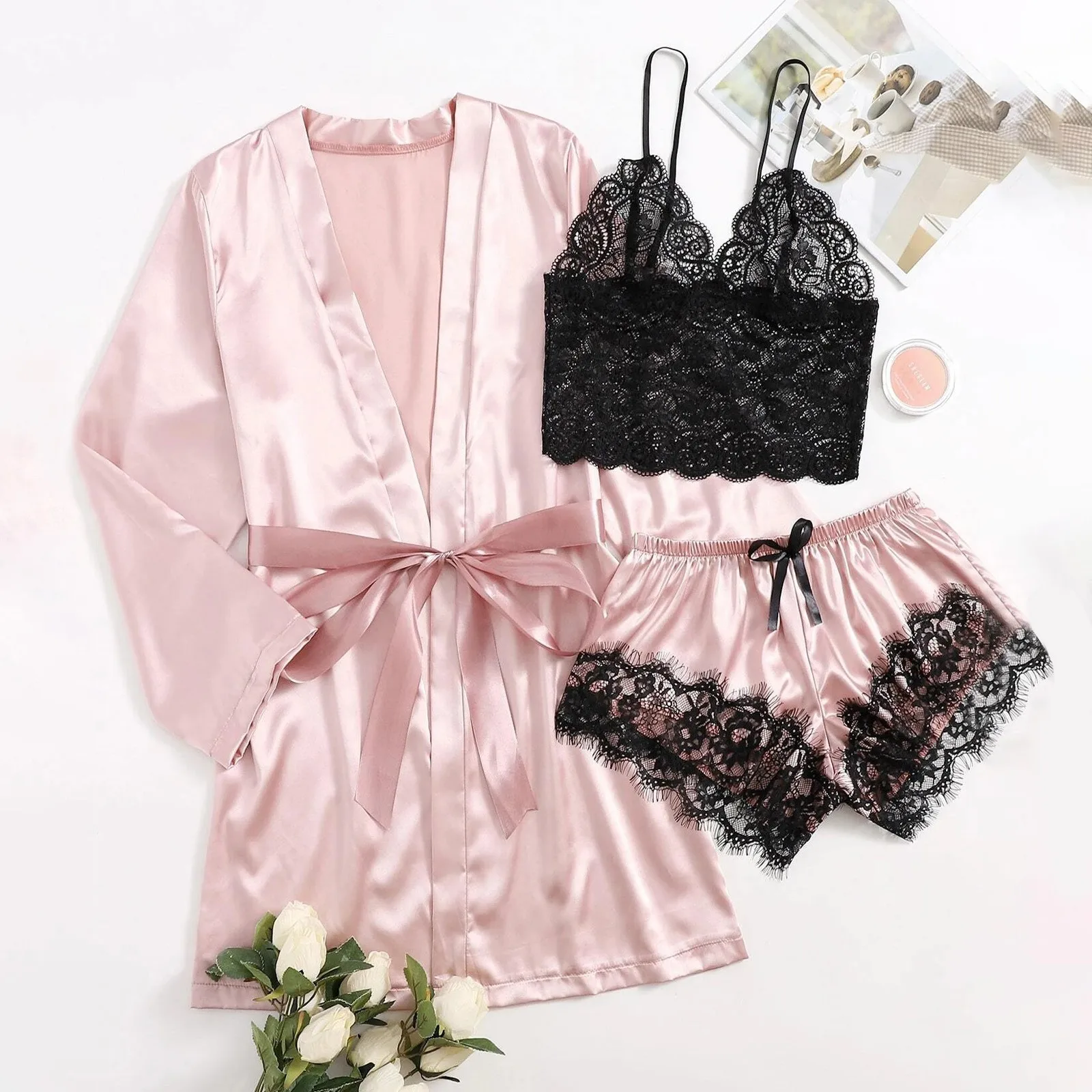 Silk Pajamas Set Women Satin Short Robes Sleepwear Lingerie Sets Sexy Kimono Bathrobes Loungewear Home Suit Lady Dressing Gown