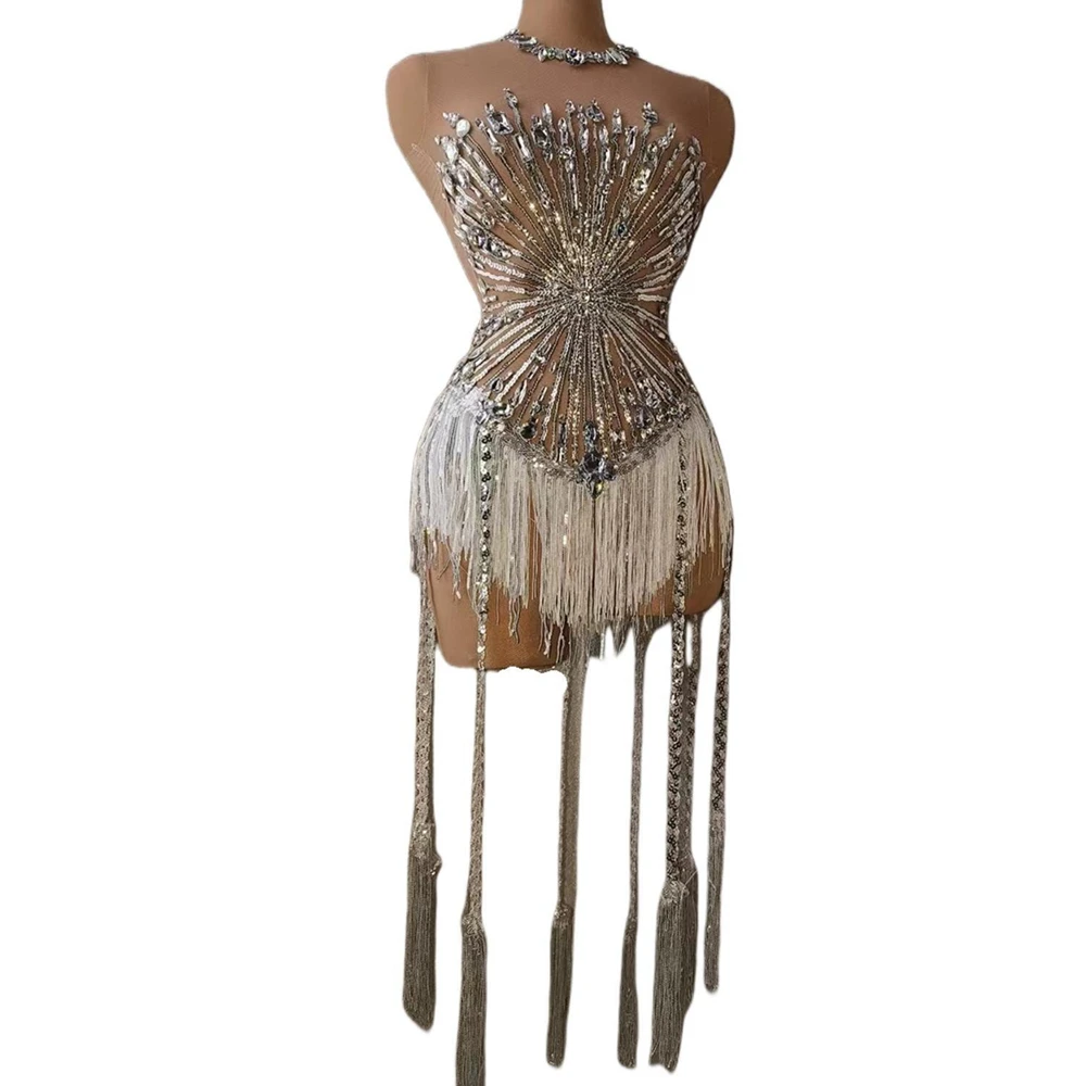 

Sparkly Rhinestones Sequins Fringes Leotard for Women Sexy Mesh Transparent Performance Dance Costume Stage Wear Club Outfit