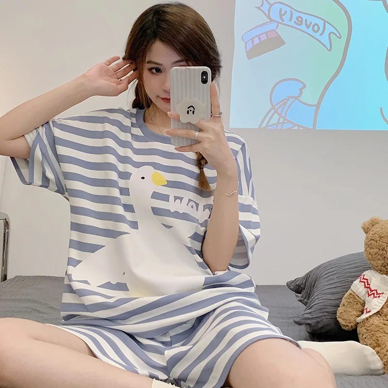 Kawaii Women Nightsuit O Neck Pajamas Set Cross Stripe Leisure Pyjama Mujer Cozy Sleepwear for Young Girls Summer Tops Shorts