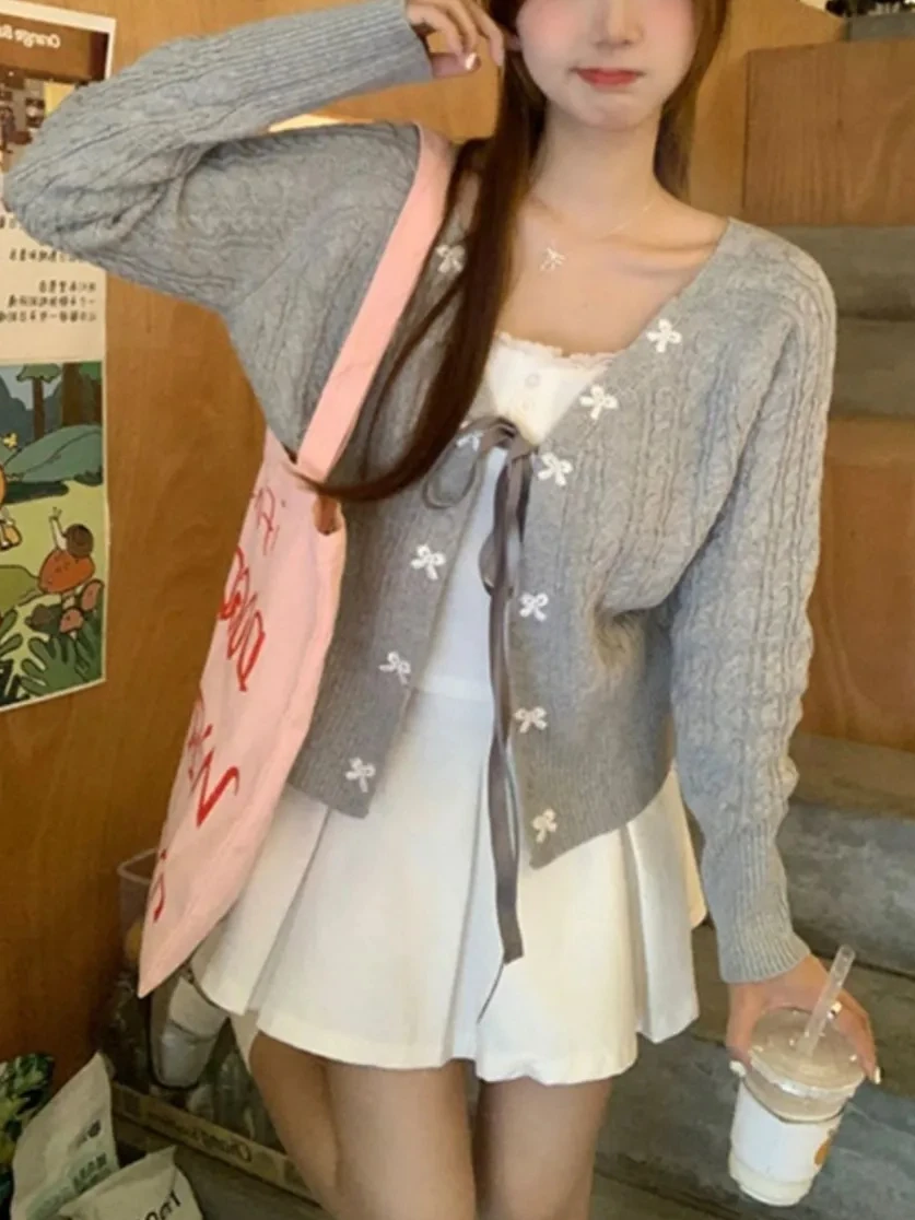 Кардиган на шнуровке женские топы с длинными рукавами и милым бантом корейская