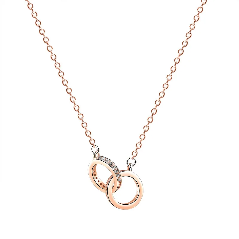 

S925 sterling silver interlocking necklace, simple and luxurious design for female minority, zircon double-ring collarbone chain