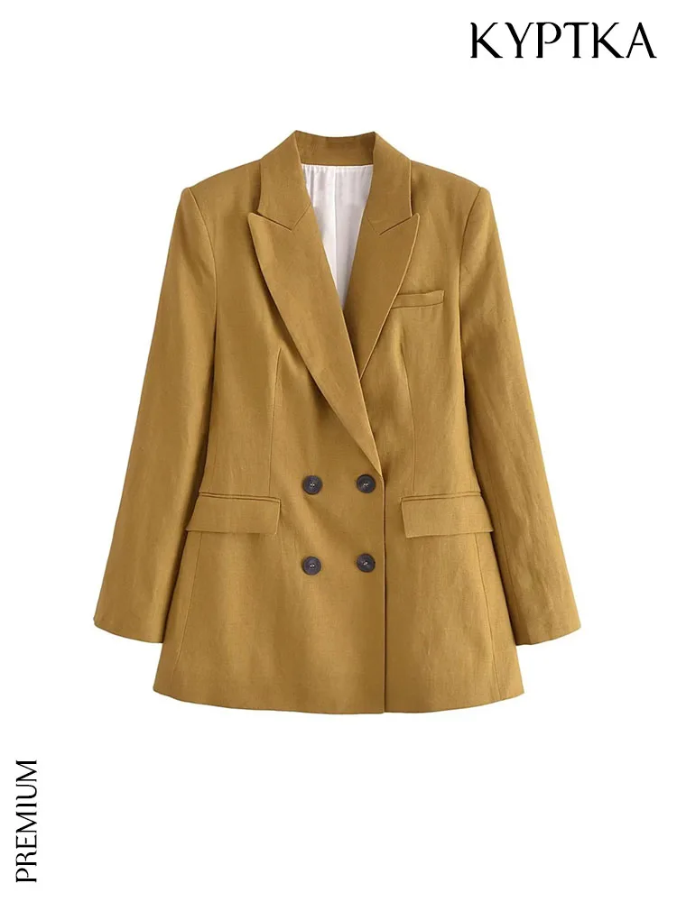 

KYPTKA Women Fashion Double Breasted Linen Blazer Coat Vintage Long Sleeve Flap Pockets Female Outerwear Chic Tops
