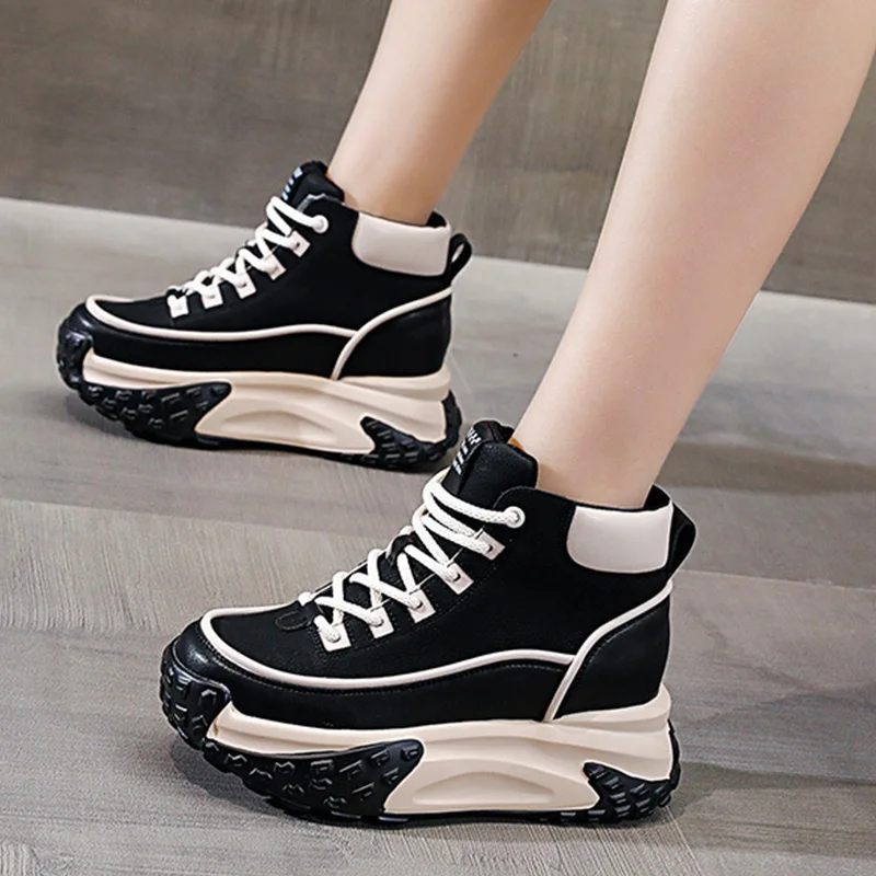 2023 New 7cm Genuine Leather High Brand Mixed Color Flats Ankle Boots Platform Wedge Women Booties Autumn  Plush Winter Shoes