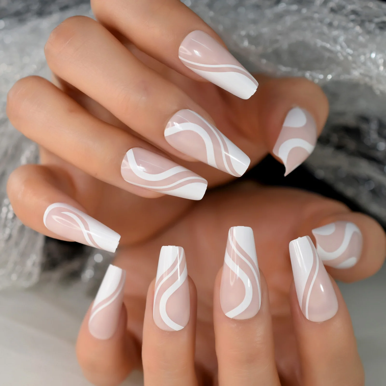 

Накладные ногти розового телесного и белого цветов, накладные ногти в гробе, натуральные глянцевые накладные ногти для балета, многоразовы...