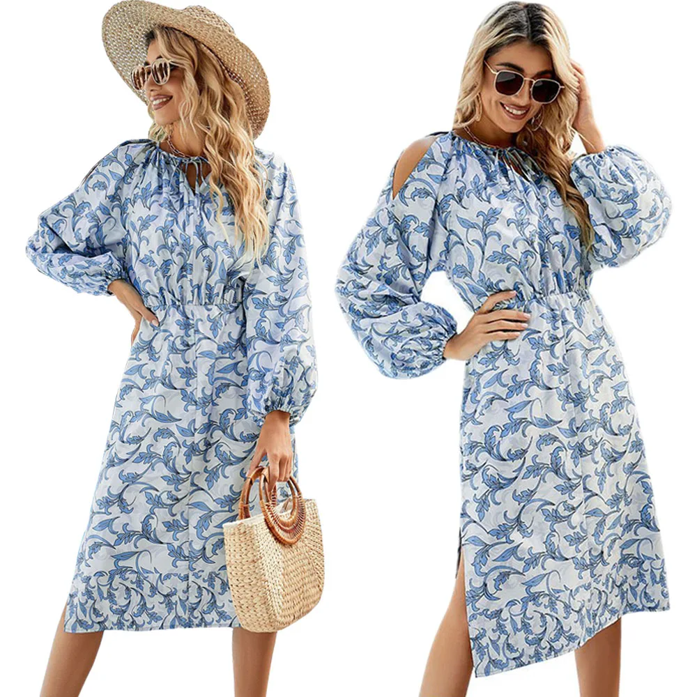 

Ladies Vintage Boho Spring Summer Print Dress Women Casual French Style Loose Elegant Beach Mini Women Midi Dress Female Vestido