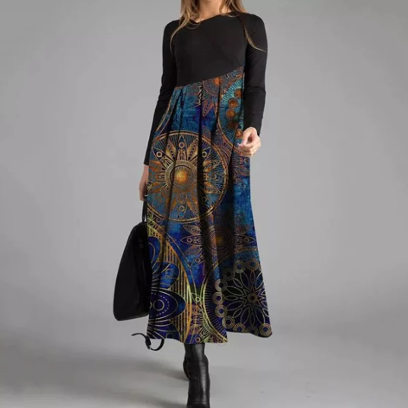 

Elegant Women Long Dress O-Neck A-Line Dress higt waist slim Vintage Long Sleeves Party Dresses Lady Casual Loose print Vestidos