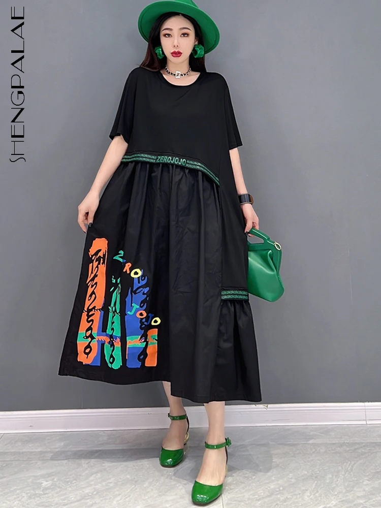 

SHENGPALAE, Повседневная модная футболка, платье, мозаика, хлопок, лен, принт, плиссированный халат, Vestido, Женская 2023, Весенняя новая одежда 5R1909