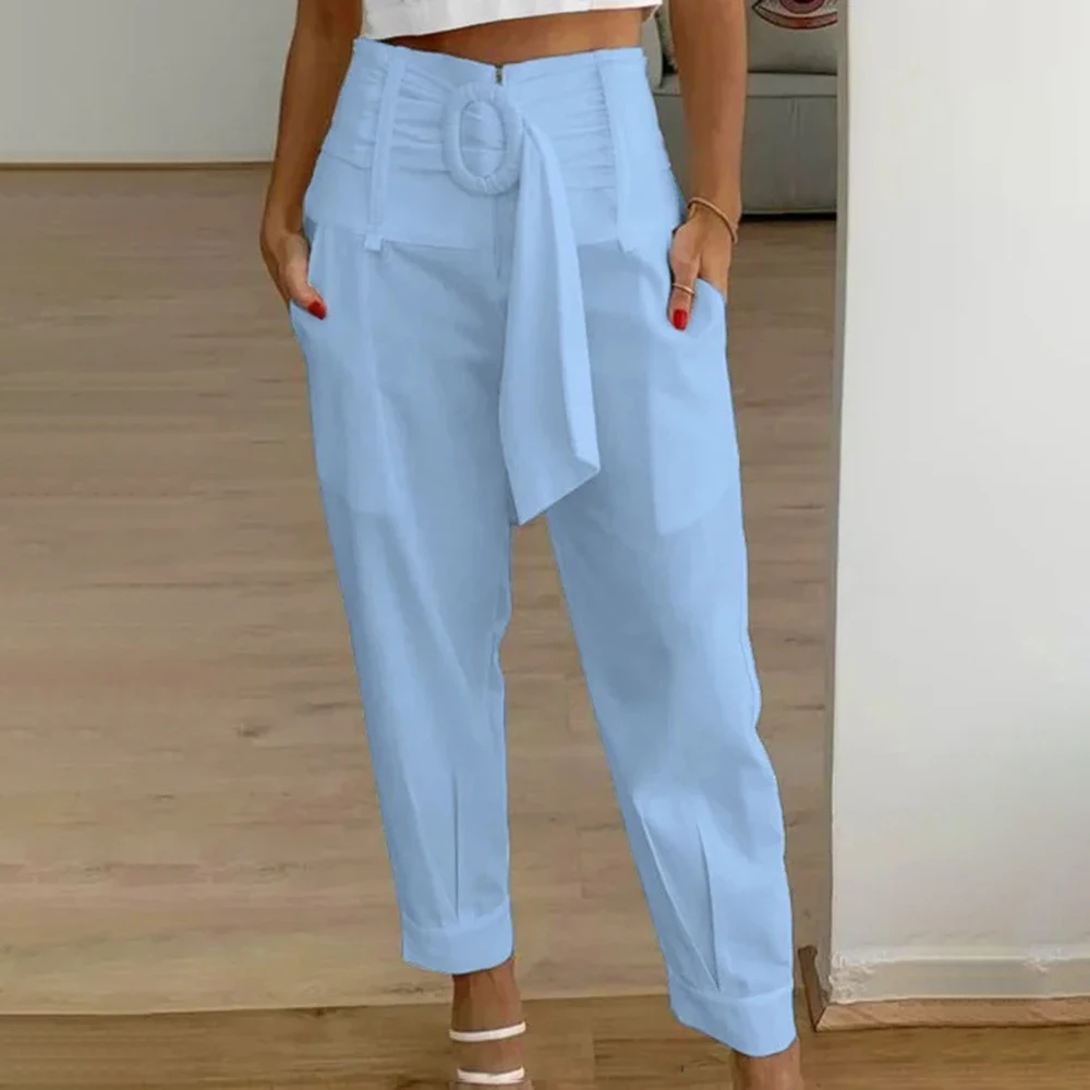 Women Fashion High Waist Lace-up Pencil Pants Casual Pockets Solid Straights Long Trousers Elegant Zipper Loose Sports Trousers