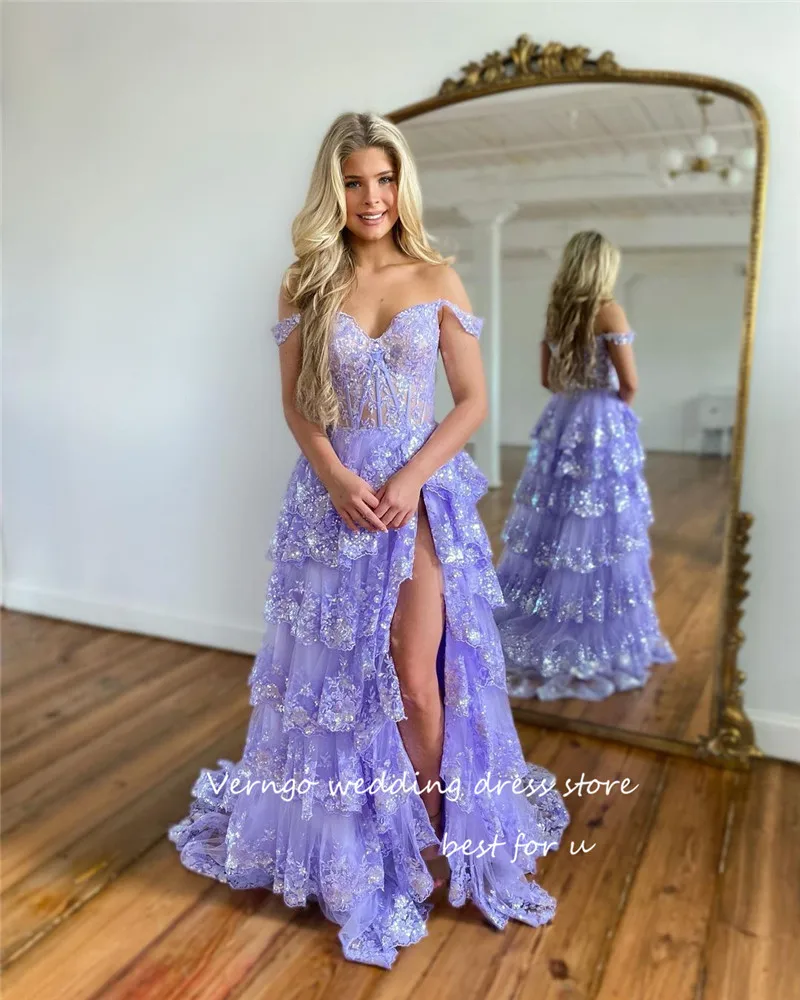 

Verngo 2023 Lavender Ruffles Tiered Prom Dresses Applique Lace Sweetheart Split Long Evening Gowns Formal Party Occasion Dress