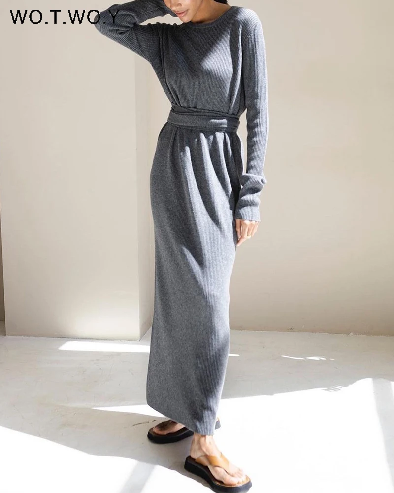 

WOTWOY Autumn Winter Casual Long Sweater Dress Women Solid Loose Knitted Dress Female Belted Dresses 2023 Vestidos De Fiesta