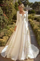 satin muslim wedding dresses 2022 simple elegant full long sleeves a line with belt bow court train bride gowns women keyhole