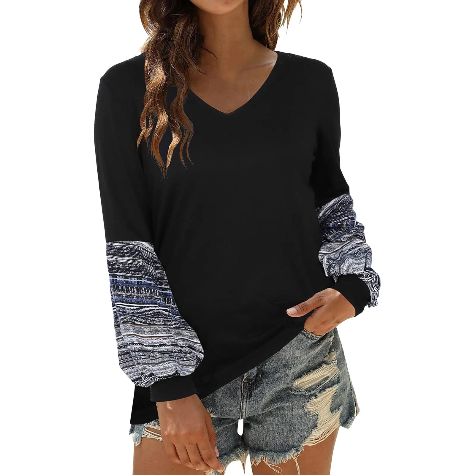 

Womens Pullover Long Sleeve Solid Color Top Fall Winter Casual Stitching Loose Shirt Blouse For Party