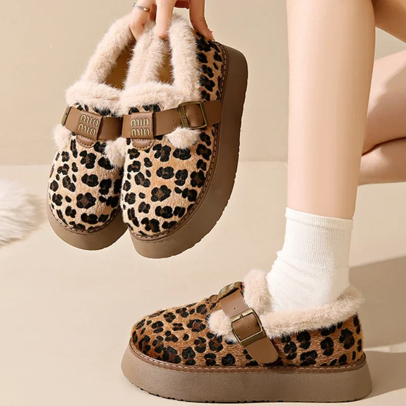 Модная женская обувь с леопардовым принтом на платформе 2024 теплые плюшевые