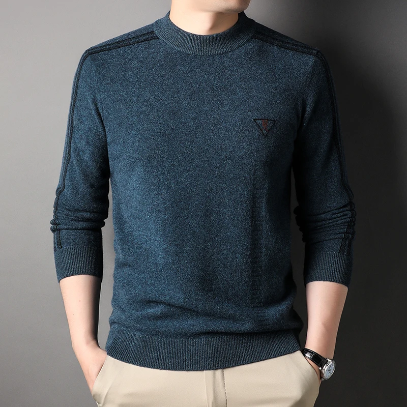 

Men's Woolen Sweater Winter 100% Pure Wool Young and Middle-Aged Contract Color Mosaic Knit round Neck Bottoming Sweater