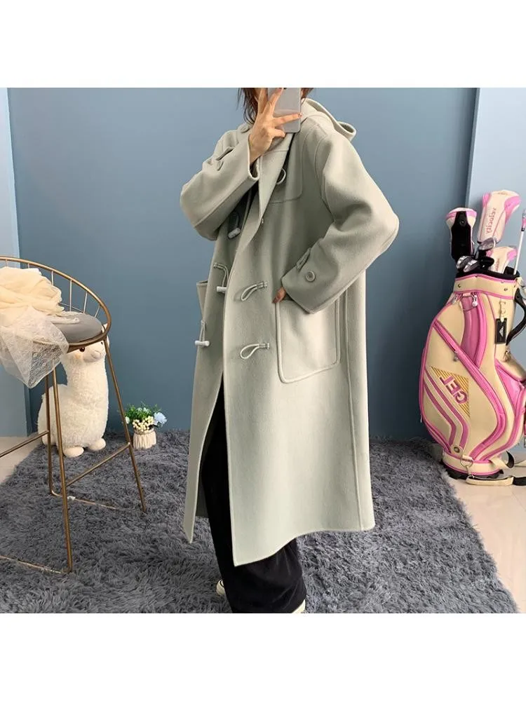 

Женское двухстороннее пальто с капюшоном, Длинное свободное шерстяное пальто ручной работы на пуговицах из 2022-ной шерсти, пальто в Корейско...