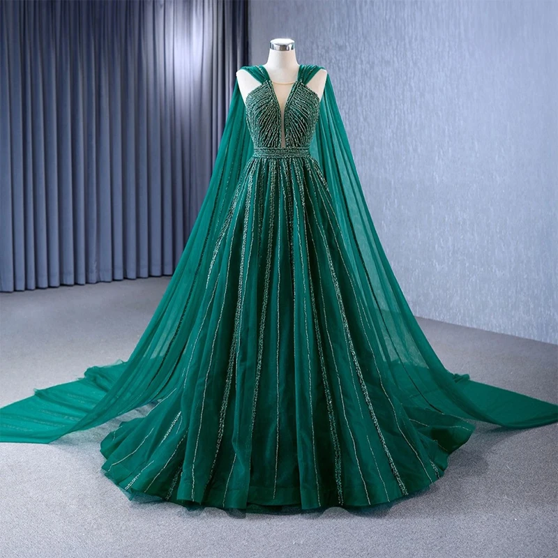 

Muslim Green A-Line Luxury Evening Dreses Gowns 2023 O-Neck Puff Sleeves Beaded Crystal Sexy Formal Woman Party
