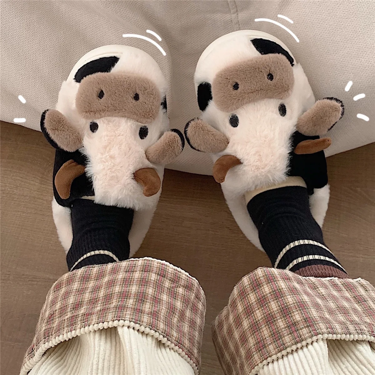 

Cow Cotton Slippers Korean Version Cute Cartoon Winter Ins Tide Student Home Non-slip Warm Outside Wear Fur Cotton Funny Shoes