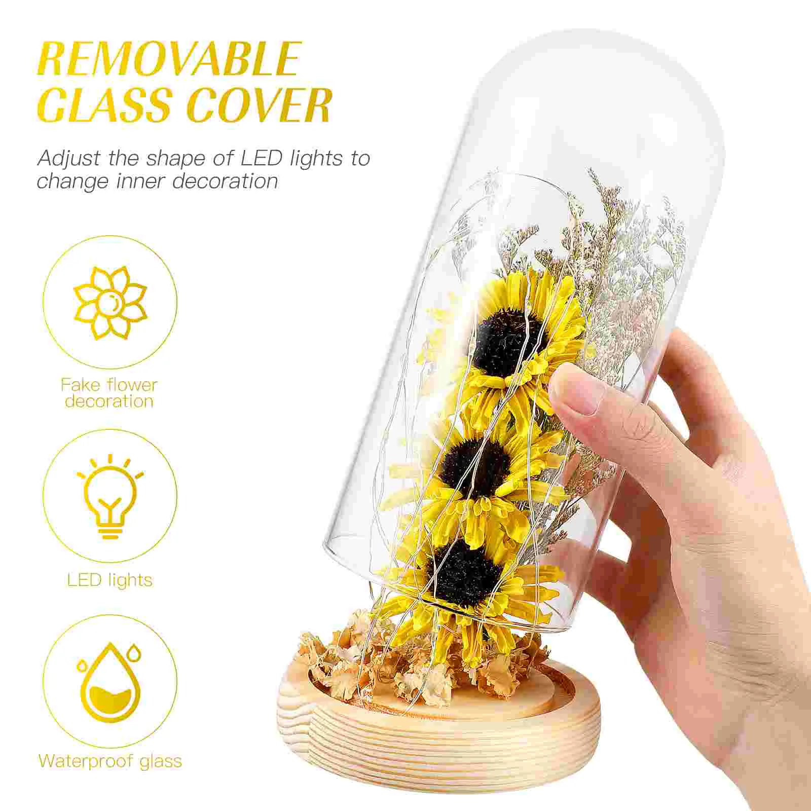 

Dried Sunflower Astetic Room Decor Indoor Decoration Decorative Lights Flowers Glass Dome Party Wood Office
