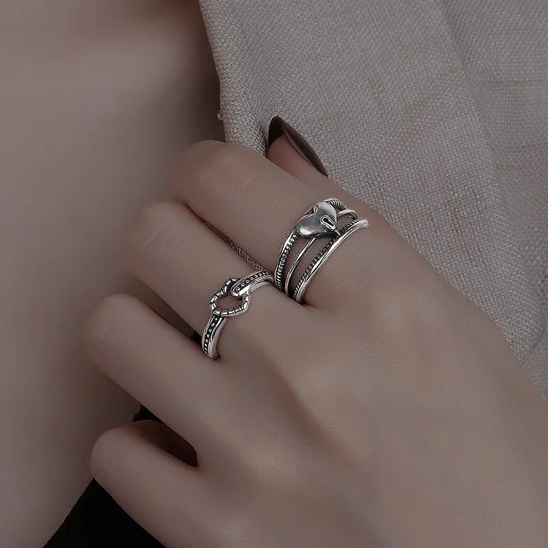 

PANJBJ Silve Color Love Heart Double Layer Ring for Women Lover Girl Gift Retro Overlapping Jewelry Dropshipping