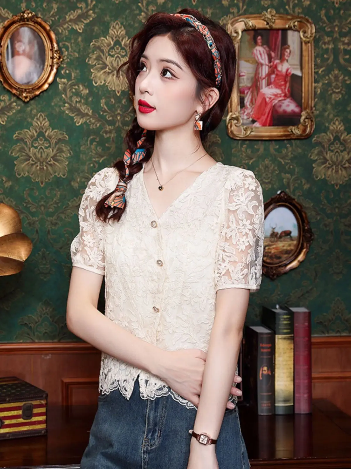 Женская кружевная рубашка Fairy Beau ~ Chic Palace Sle с коротким рукавом Новинка лета 2024