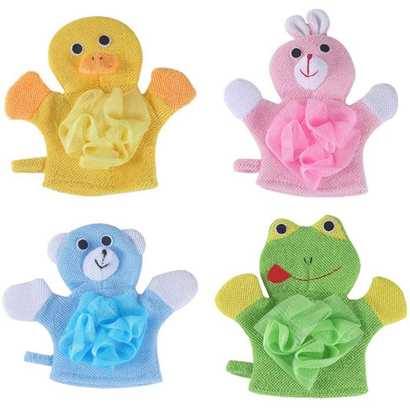 

Cute Baby Kids Bath Sponge/Mitt/Glove Set Of 4 Cartoon Rabbit/Frog/Duck/Bear