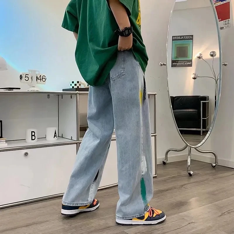 Jeans Men Print Fashion Hip Hop Spring Retro Male Trouser Teens High Street Pantalones Cool All-match Drawstring Summer Denim