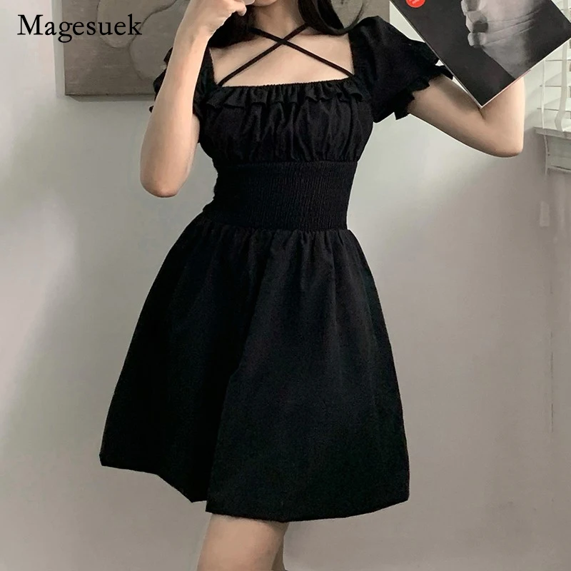 

Sweet Short Sleeve Summer Party Dresses 4XL Elastic Waist Mini Dress New Fashion Black Square Collar Dress Women Robe 22057