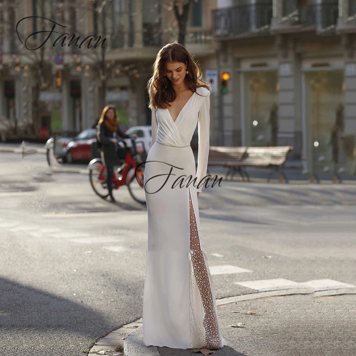 

Простое свадебное платье с глубоким V-образным вырезом, в пол, с высоким разрезом, мягкое атласное платье-футляр с длинным рукавом, свадебные...