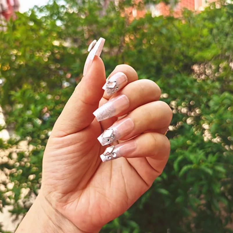 24 шт. длинные гвозди, французский блеск для ногтей, искусственные кристаллы для ногтей, искусственные ногти для самостоятельного маникюра и красоты женских ногтей