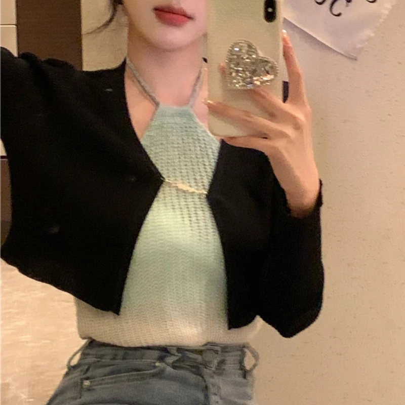 

Black Thin Long-sleeved Knitted Y2k Cardigan Women's Summer Short Design Slim Blouse Tops Coat