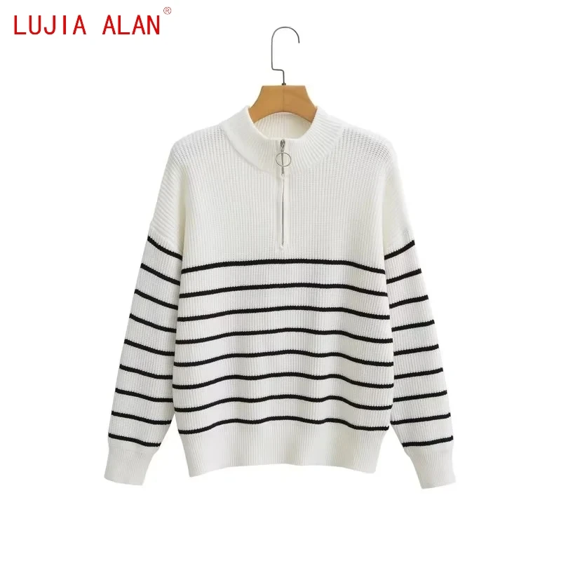 

Autumn New Women Zipper Fly Striped Knitted Sweater Female Long Sleeved Pullover Casual Loose Tops LUJIA ALAN SW2552