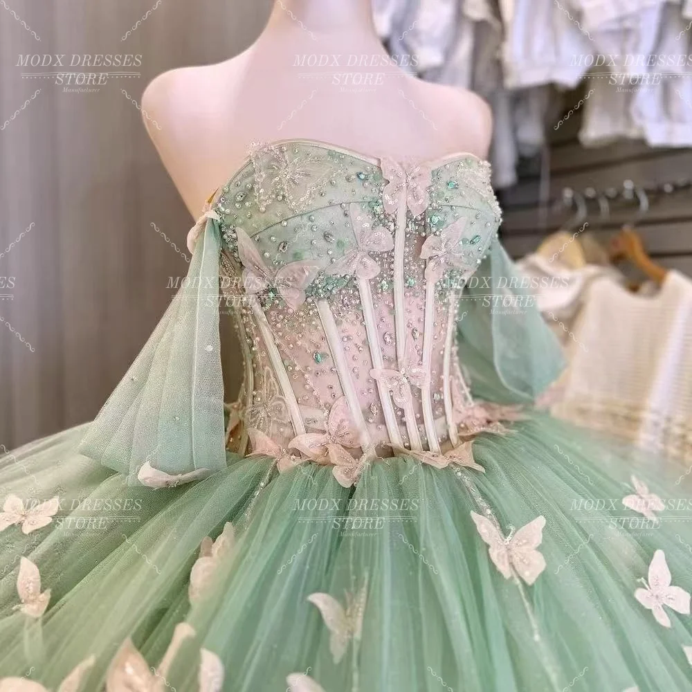 Фото MODX Exquisite Sage Green Butterflies Appliqus Evening Dresses Customized Off-shoulder Women Party Dress Formal Celebrity Gowns №3