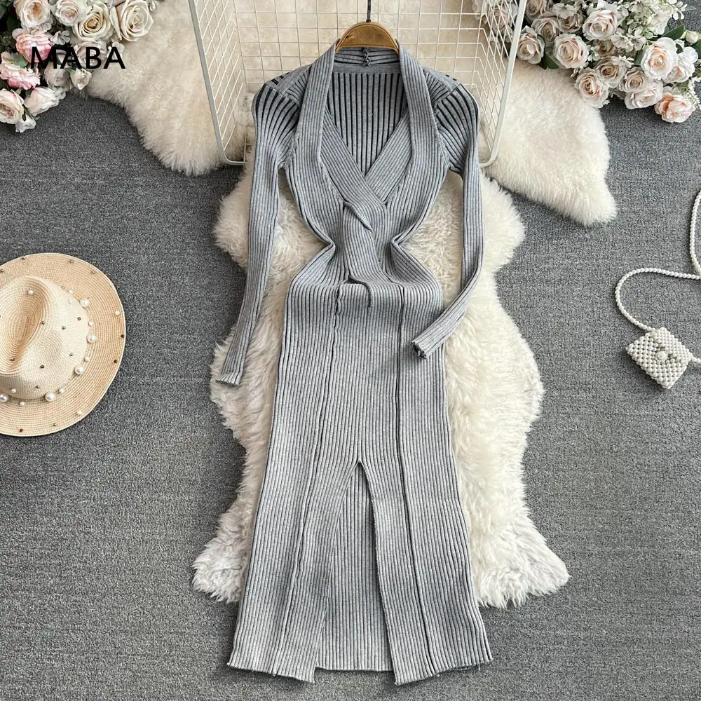 

Fashion Designer Luxury Knitted Grey Bodycon Dress Women Autumn Winter V-neck Elegant Midi Party Bag Hip Sweater Split Dresses