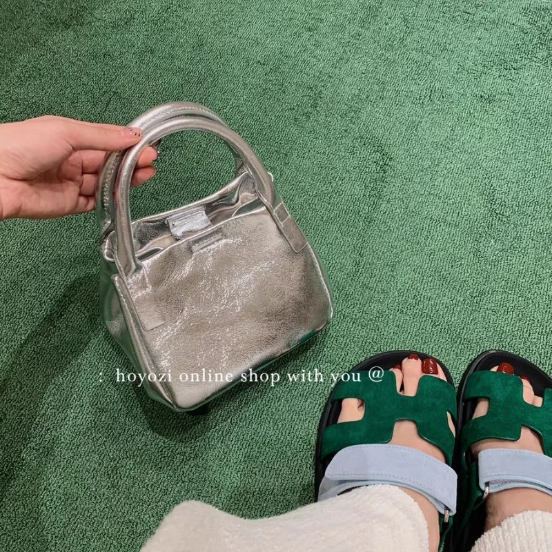 Xiuya Simple Vintage Handbag Silver Pu Leather Korean Style Mobile Phone Crossbody Bag Summer New Fashion Designer Shoulder Bag