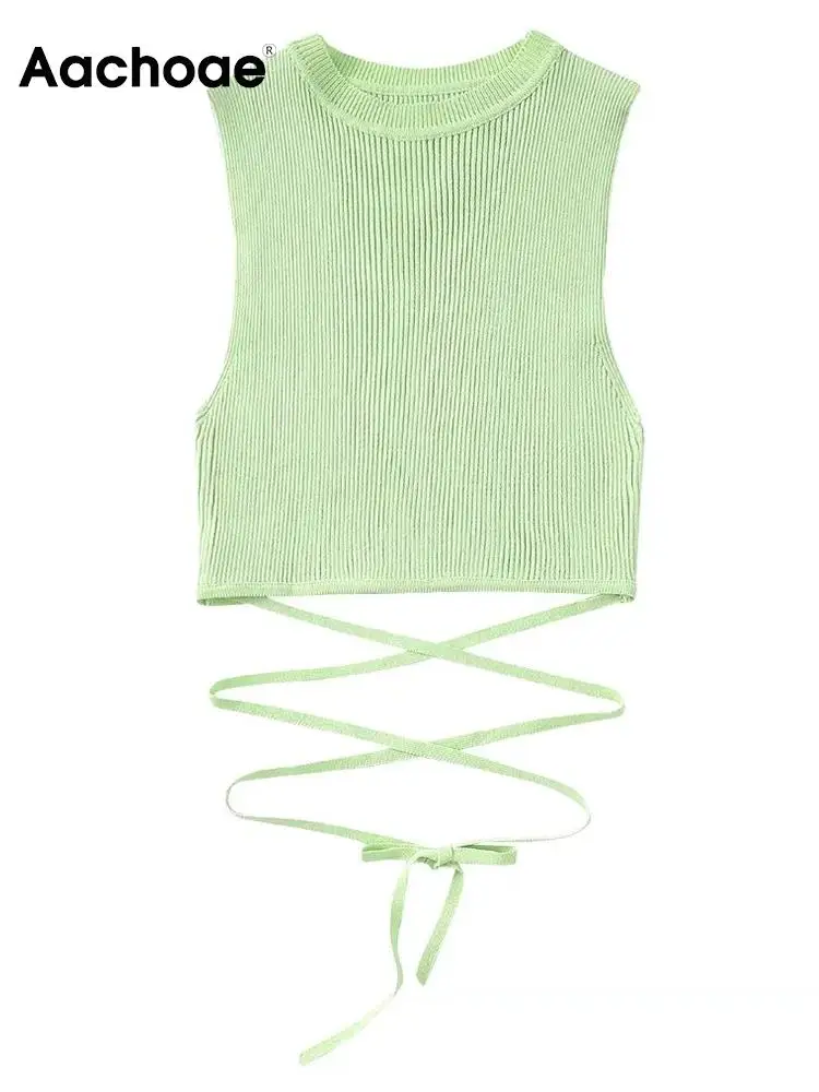 

Aachoae Women Fashion Solid Color Tank Tops Basic O Neck Sleeveless Knitted Cropped Tops Ladies Summer Back Lace Up Tanks