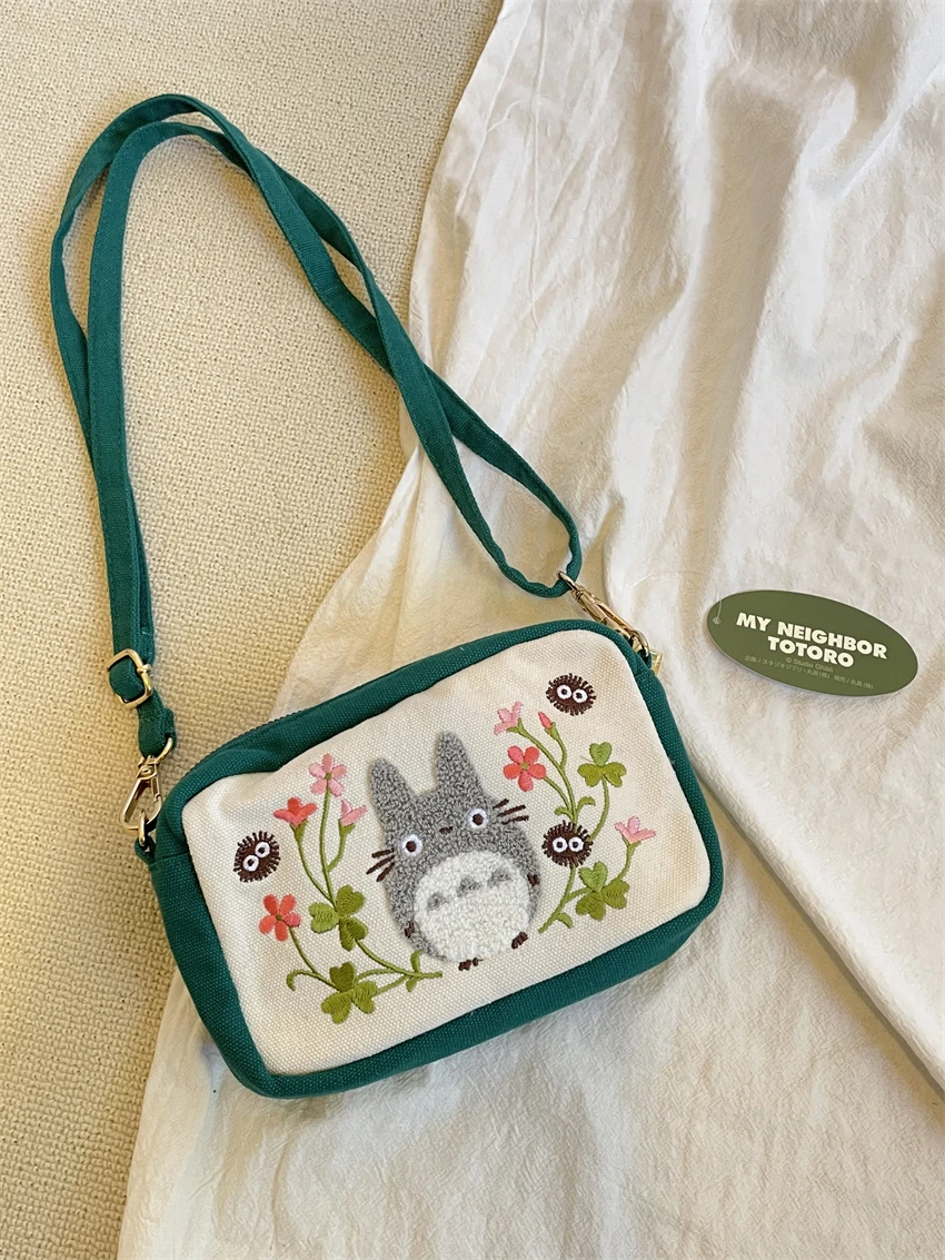 Anime Cute Totoro Cartoon Canvas Messenger Bag Shoulder Bag High Quality Embroidery Outdoor Cosmetic Bag Handbag as Girls Gift