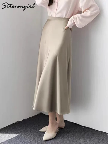 Summer Silk Satin Skirts For Women Midi Office A Line Skirt With Zipper Coffee 2023 Elegant Midi Satin Skirts Women Purple Soft