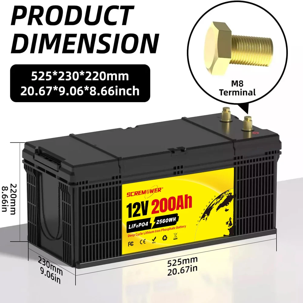 Литиевая батарея PLUS LiFePO4 12 В 200 Ач встроенная А BMS 6000 + глубоких циклов макс. 2560 Втч
