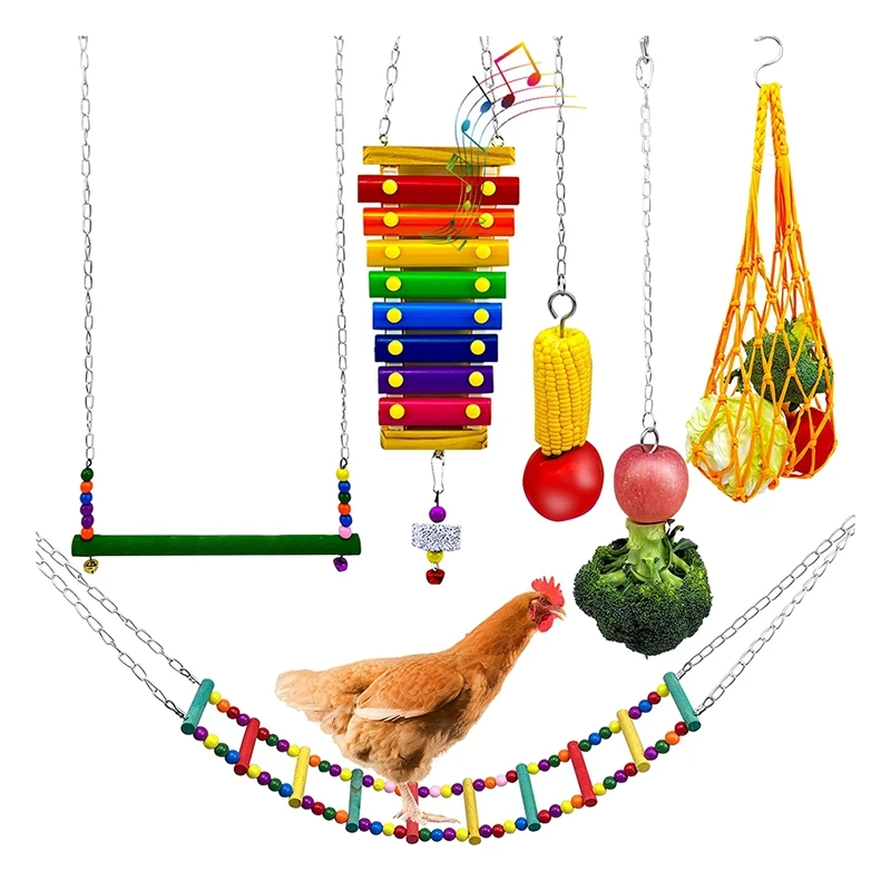 

HOT Chicken Toys, 6 Pieces Chicken Toys For Coop, Chicken Swing And Xylophone Toy, Parrot Chicken Colorful Ladder Toy