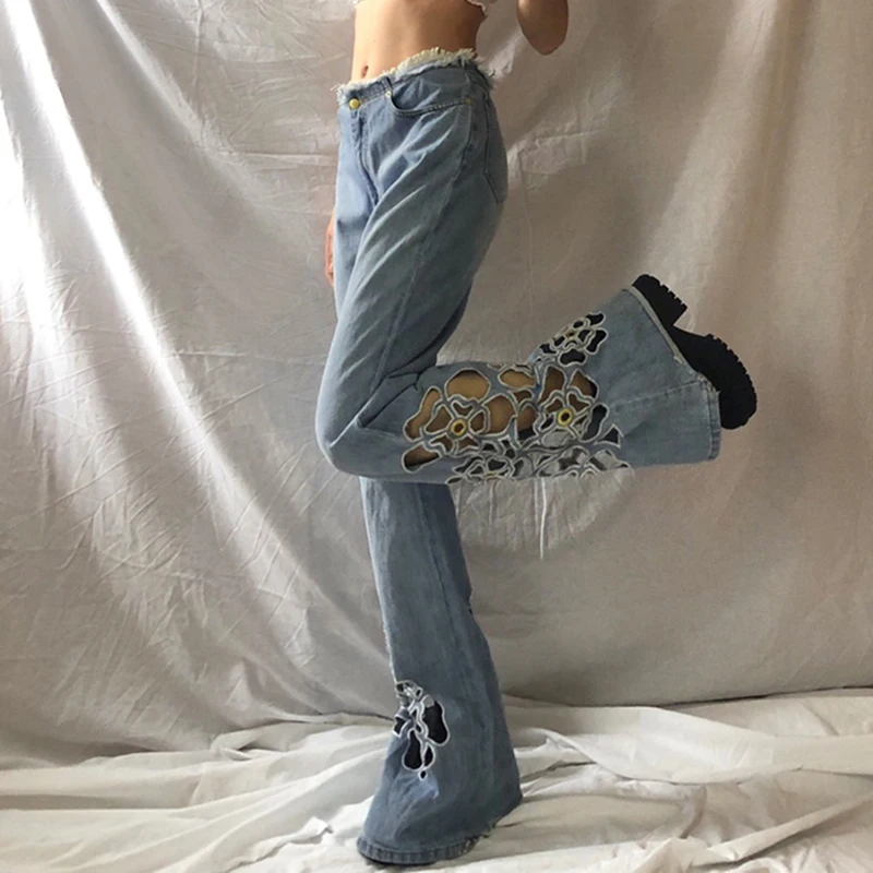 

Vintage Floral Hollow Out Flare Jeans Y2K Aesthetic Harajuku Denim Trousers Women Korean Fashon Pants Retro Grunge Streetwear
