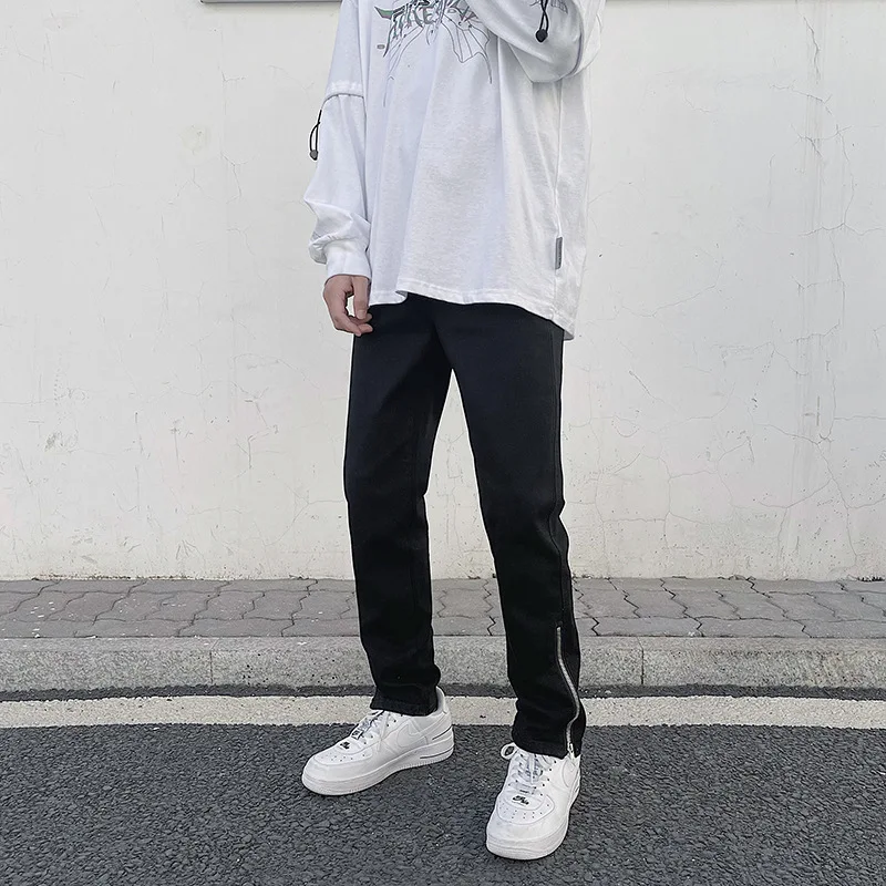 

Fashion 2022 Casual Leg Zipper Black Men's High Street Denim Hiphop Pants Jeans Slim Straight Tube Korean All-match Trousers Men