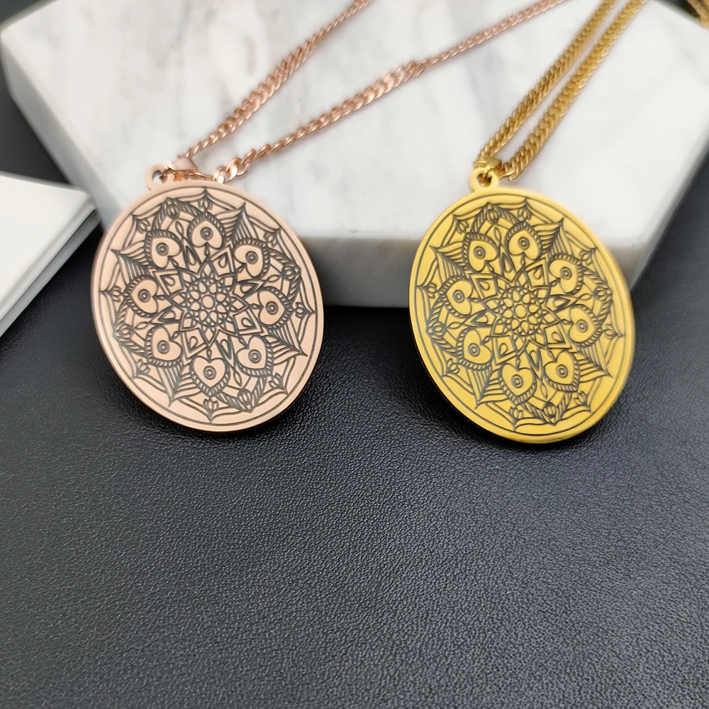 

Stainless Steel Necklace for Men Cuban Chain Personalised Mandala Flower Pattern Pendant Choker Women Jewelry Charm Collar Mujer