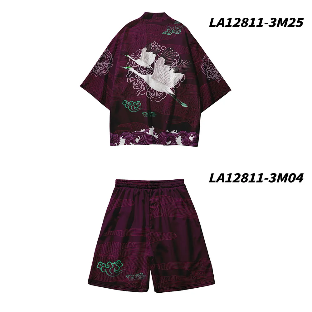 3XL-6XL Men Robe Sets 2PCS Rayon Cardigan&Shorts Pajamas Suit 3/4 Sleeve Bathrobe Casual Loose Chinese Crane Homewear