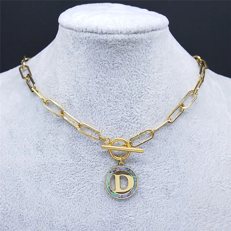 

Stainless Steel Abalone D Letter Chain Necklaces Gold Color Round Choker Necklace Jewelry collier coquillage N7001DS07