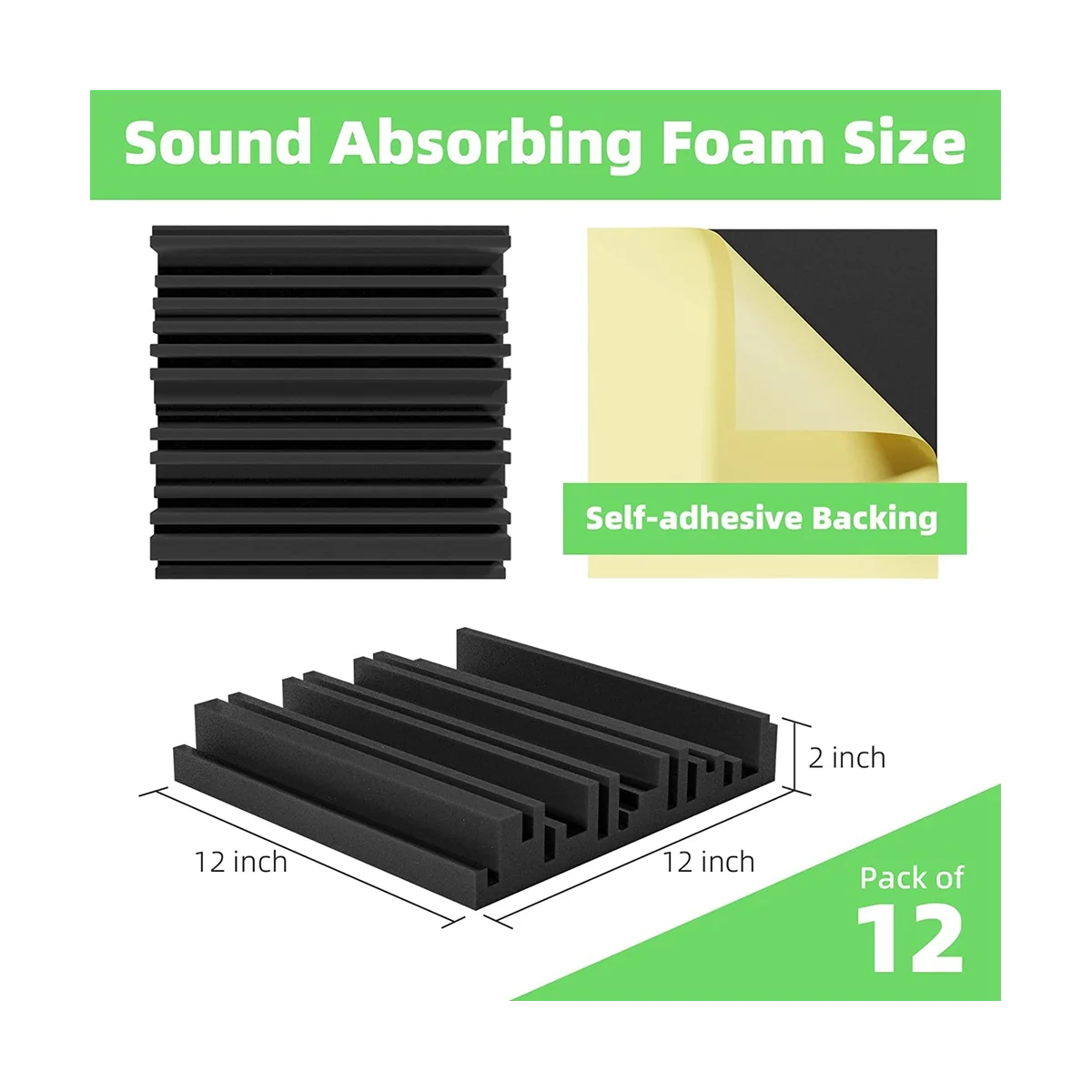 

12 Pack Self-Adhesive Sound Proof Foam Panels, 12x12x2Inch Acoustic Foam, High Resilience Sound Proofing Padding - Black