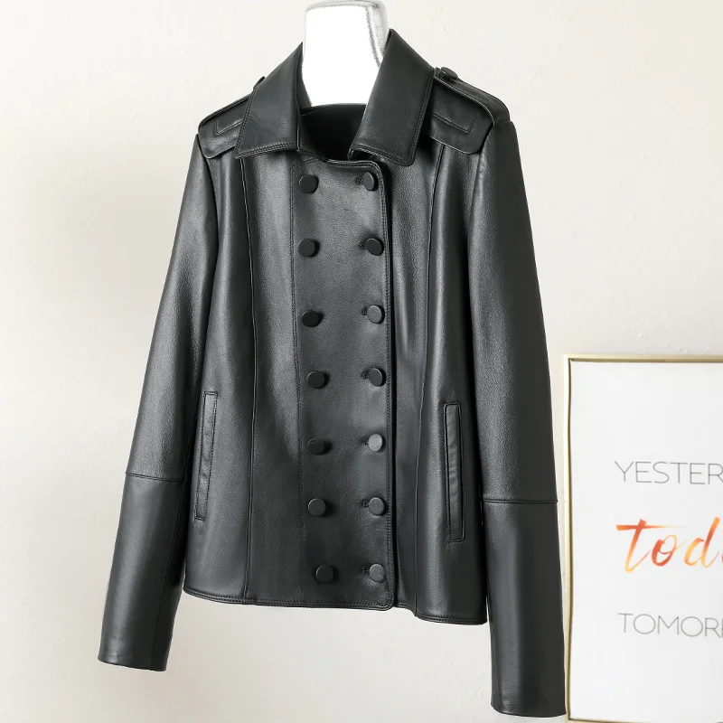 

2023 New Spring and Autumn Genuine Leather Sheepskin Coat Women's English Style Short Double breasted Motorcycle Leather Jacket